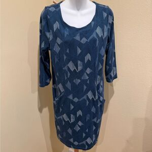 Geometric Blue Organic Cotton shift style Dress with Pockets